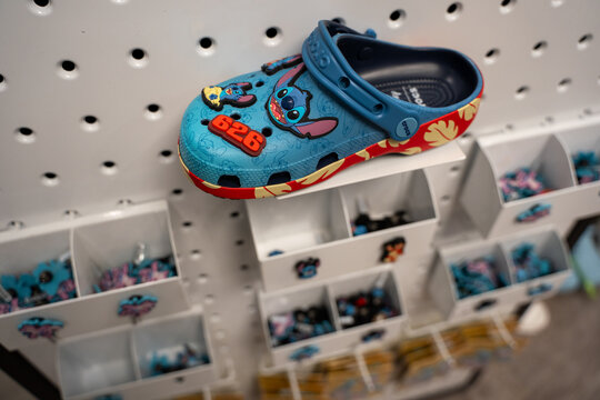 Close up of a Stitch themed Crocs clog in store. Toronto, Canada - July 13, 2026.