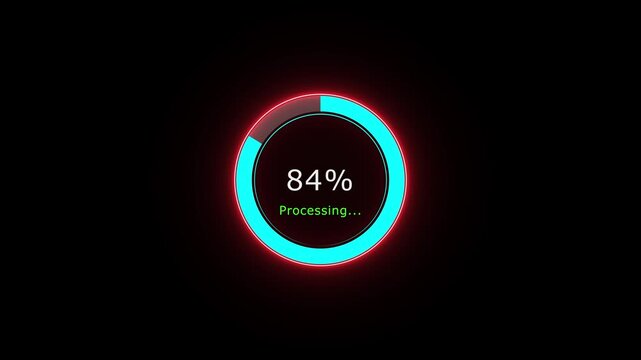 A dynamic cyan color loading animation, and processing to complete 1 to 100% animation . on a black background. and creating a stunning 4k video.