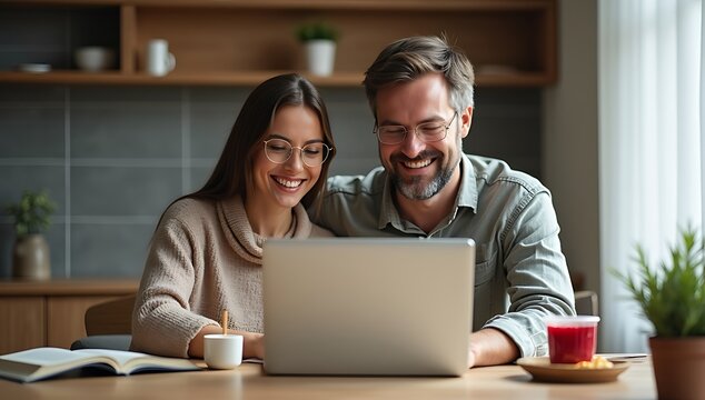Happy couple smiling while looking at a laptop screen together in a cozy home setting.