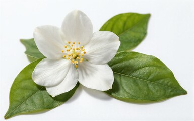 Fototapeta premium White flower with yellow center, surrounded by green leaves on a clean white background.