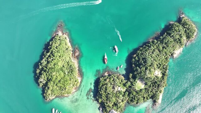 Angra dos Reis, Rio de Janeiro. Lagoa Azul, Blue Lagoon. Aerial view, establishing shot.