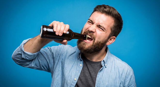 Humorous Bearded Man Trying to Open Glass Beer Bottle With Teeth Over Blue Background