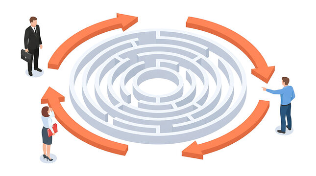 Business people navigate a maze with arrows, symbolizing strategy and teamwork in a corporate setting with solutions.