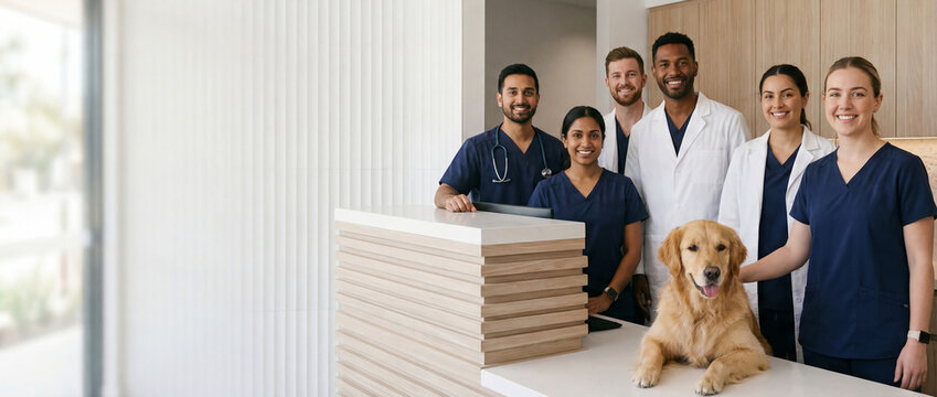 Confident multicultural veterinary team standing and looking at camera at a modern animal clinic reception with a friendly golden retriever - Panoramic banner with copy space