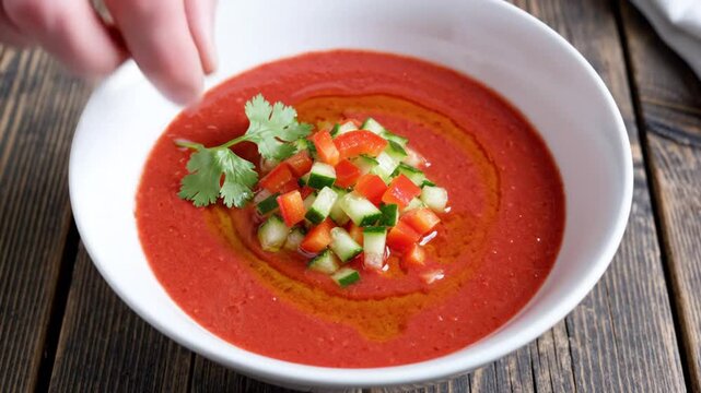 Gourmet Gazpacho Soup with Toppings: Refreshing Cold Tomato Soup with Cilantro Garnishing in a White Bowl