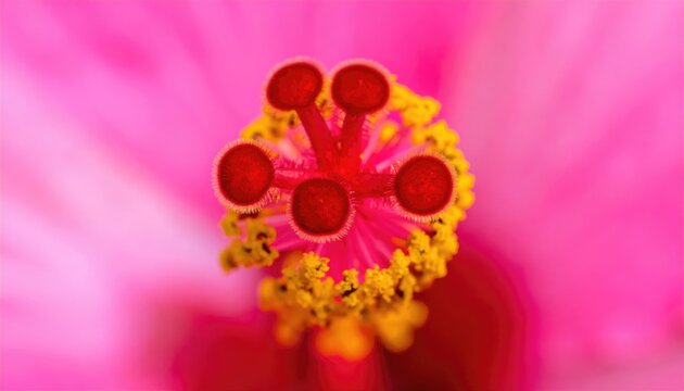 Close-up macro of vibrant pink flower's reproductive parts. Red anthers, yellow pollen, & surrounding petals in soft focus