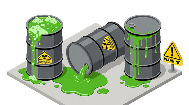 Leaking radioactive barrels spill toxic green sludge on industrial site