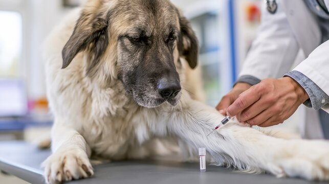 Veterinarian drawing blood from a dog's foreleg into a collection tube. Concept of canine blood analysis.