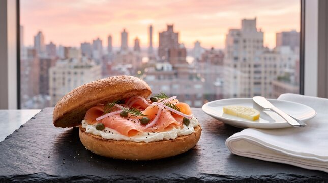 Smoked Salmon Bagel with Cream Cheese and Capers on Slate Board, New York City Skyline at Sunset in Background, Close-up