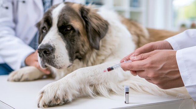 Veterinarian drawing blood from a dog's foreleg into a collection tube. Concept of canine blood analysis.