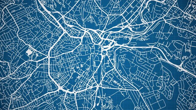 Ink reveal animation of Sheffield city, South Yorkshire, England, United Kingdom, grid map. Aerial top view. Blueprint style. White lines with blue background. 4K Seamless loop.