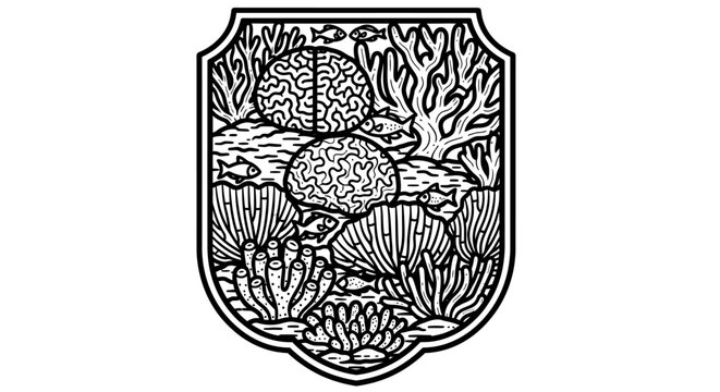 Detailed black and white line art illustration of a vibrant coral reef ecosystem with diverse marine life enclosed in a decorative shield.