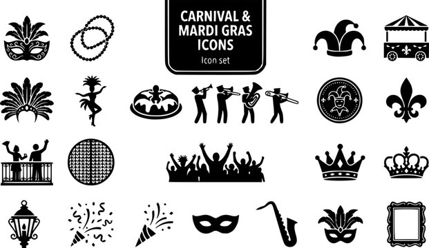 Carnival and Mardi Gras Silhouette Icon Set with Mardi Gras Mask, King Cake, Feather Headdress and Doubloon Coin, 20 Icons for Carnival Events and Mardi Gras Brands, Flat Vector
