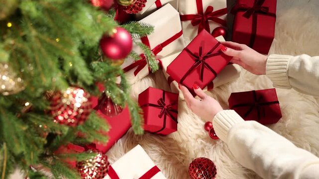 Woman putting gift boxes under Christmas tree, above view