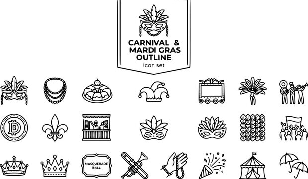 Carnival and Mardi Gras Outline Icon Set with Mardi Gras Mask, King Cake, Feather Headdress and Doubloon Coin, 20 Icons Editable Strokes