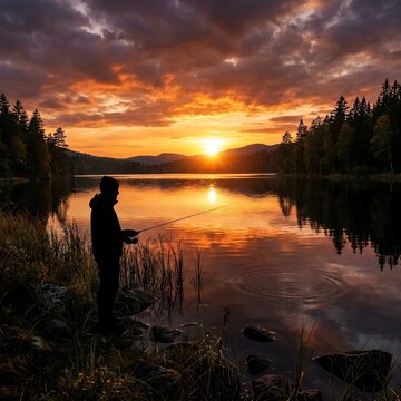 Silhouette of a man fishing on a serene lake at sunset with vibrant sky reflections.