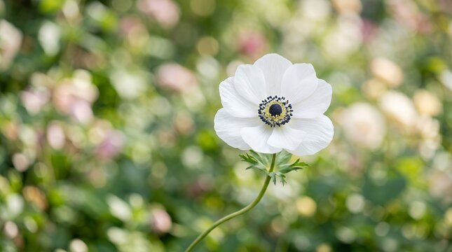 Single White Anemone Flower Blooming in a Garden with Soft Bokeh Background.
