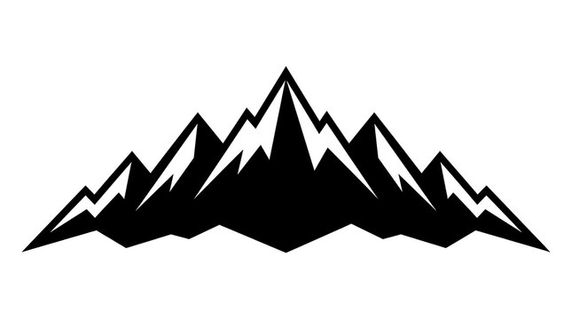 A black silhouette illustration of snow-capped mountains against a white background