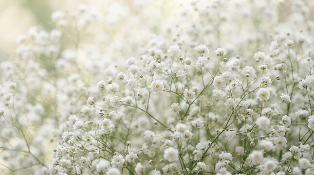 Soft focus delicate white babys breath flowers in natural light.