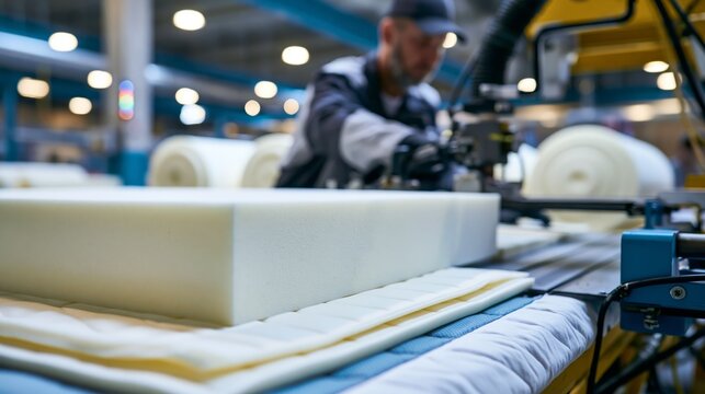 Factory worker slicing mattress foam on a cutting machine in a production facility. Concept of mattress manufacturing.