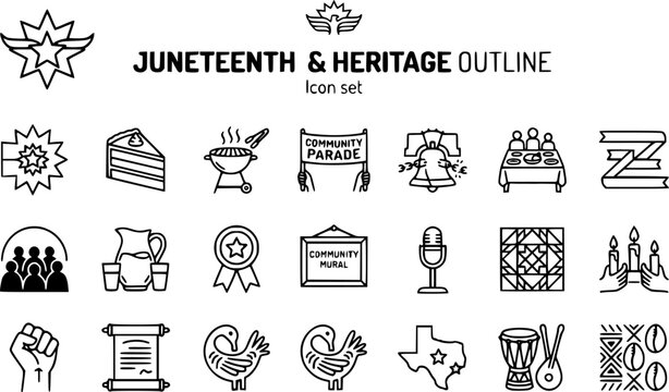 Juneteenth and Heritage Celebration Outline Icon Set with Freedom Bell, Cookout Grill, Gospel Choir and Community Parade Banner, 20 Icons Editable Strokes