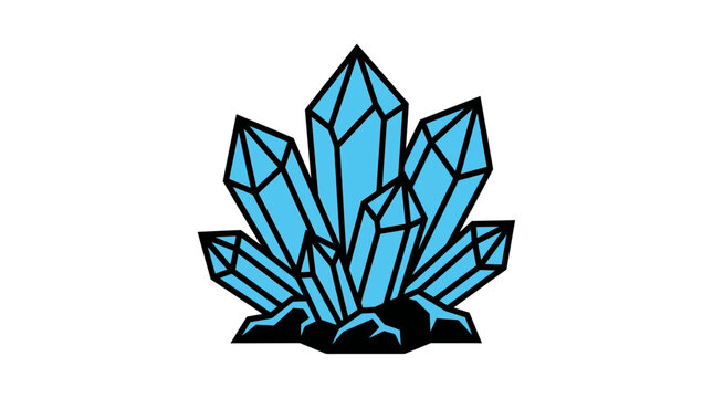 Crystals forming a jagged cluster display sharp geometric facets and a bold blue color scheme on white.