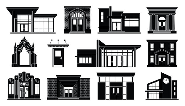 Building Facade Vector Icon Set Store Shop Bank Silhouette Collection Architecture Exterior Museum Cafe Restaurant Front Entrance Flat Design Illustration Symbols Pack Bundle