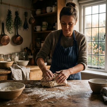 Woman Kneading Dough in Rustic Kitchen.