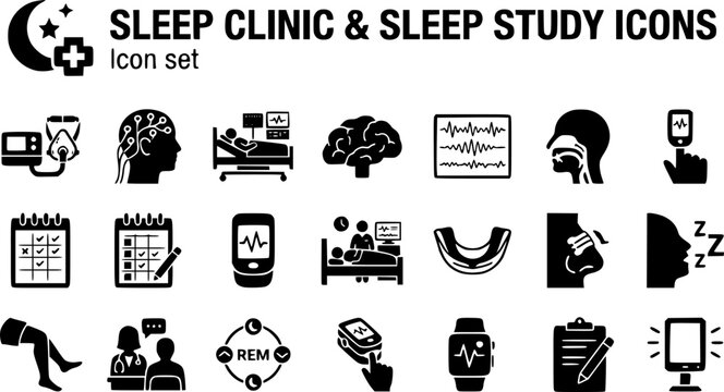 Sleep Clinic and Sleep Study Silhouette Icon Set with CPAP Machine, Polysomnography Electrodes, EEG Readout and Sleep Apnea Diagram, 20 Icons for Sleep Clinics and Medical Device Brands, Flat Vector