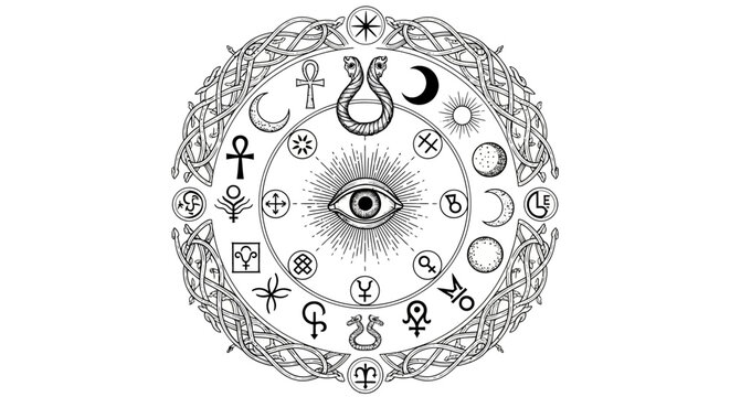Vintage Esoteric Circle with All-Seeing Eye and Mystical Symbols for Astrology, Alchemy, and Magic - Vector Illustration
