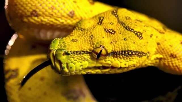 Macro Portrait of Yellow Green Tree Python Flickering Tongue