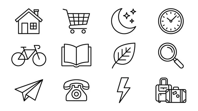 Sleek Black and White Line Icons Set of Twelve Minimalist Symbols for Web and App Design with high quality professional line art symbols for modern creative design and digital branding projects