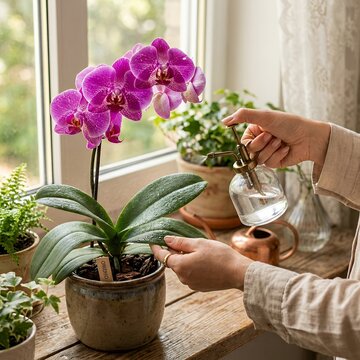 Woman watering a blooming pink orchid plant on a wooden windowsill with other plants.