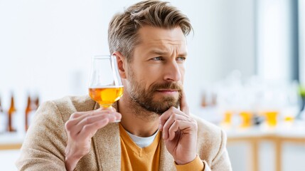 Fototapeta premium Beer judge holding a tasting glass in a judging room while thinking. Concept of quiz, consultation and trivia about beer judging.