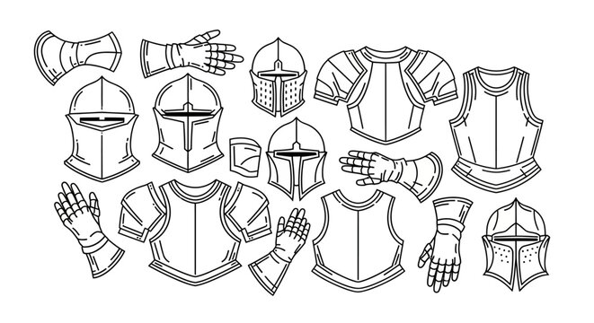 Medieval Knight Armor Set Vector Illustration. Outline Various Historical Helmets, Gauntlets, and Chest Plates