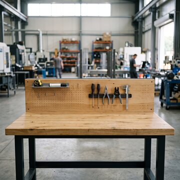 Workbench with tools in a manufacturing workshop setting.