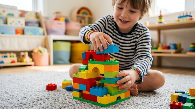 Young boy happily building a colorful toy castle on the floor.