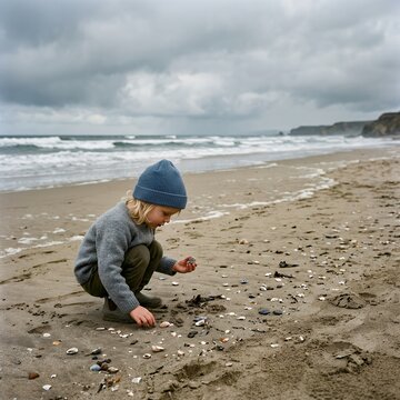 Young child crouching on a sandy beach exploring shells and pebbles.