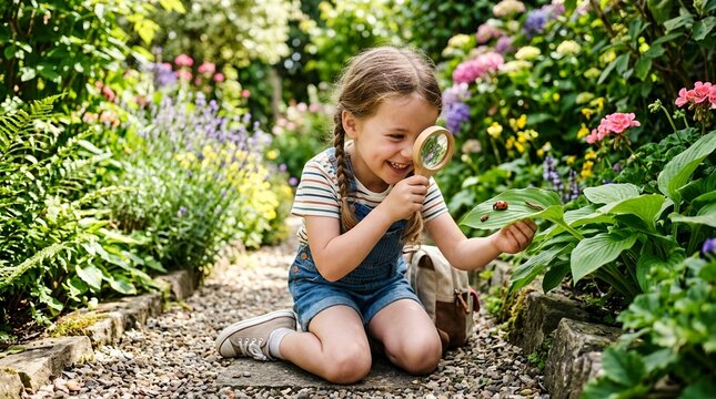 Young girl exploring nature with a magnifying glass in a garden.