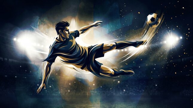 Illuminated stadium futsal background with jumping soccer player silhouette