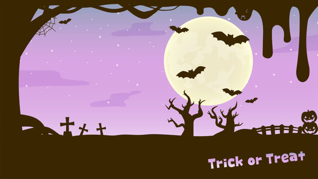 ハロウィンの背景イラスト素材 満月とコウモリと墓地 ゆめかわファンシーな夜空フレーム