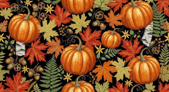 Seamless pattern with pumpkins, autumn leaves, acorns, and ferns on a black background