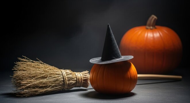 Small pumpkin wearing a witch hat next to a broomstick and a large pumpkin