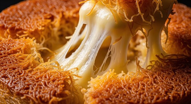 Kunefe dessert with hot melted cheese pulled from the crispy crust
