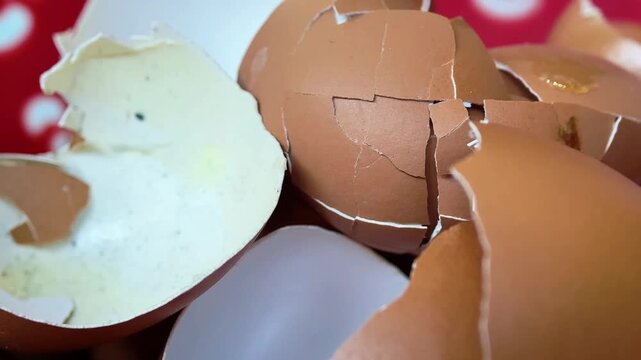 Broken brown eggshells cracked open on white surface with red background