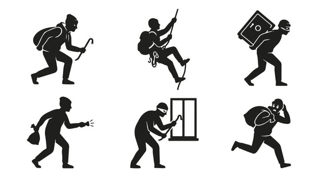 Silhouette of a burglar running with a bag
