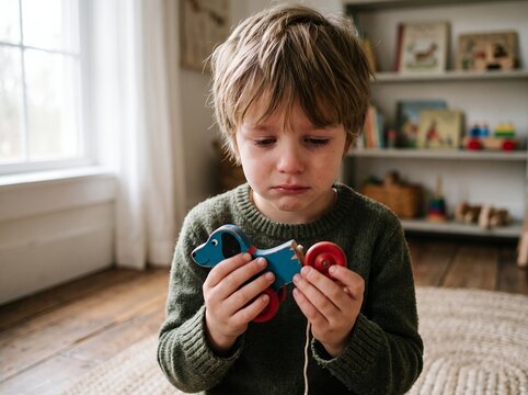Young boy crying holding a broken toy in his hands.