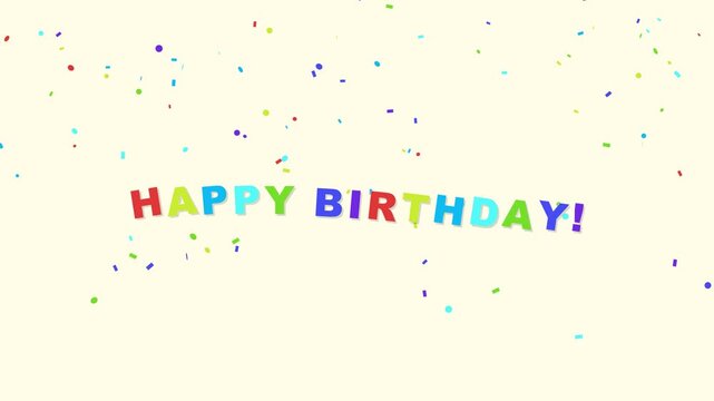 Happy birthday text animation with colorful letters and falling confetti