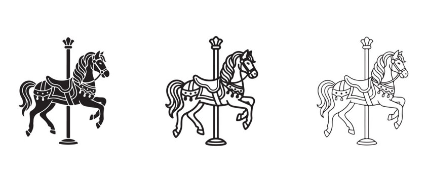 carousel horses on poles in black and white line art styles for graphic design  illustrations of merry go round horses in different artistic versions