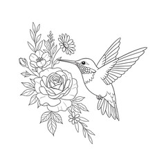 Fototapeta premium Elegant hummingbird line art illustration hovering beside a blooming rose and wildflowers, featuring clean botanical outlines for tattoo, coloring, decorative, and vector designs